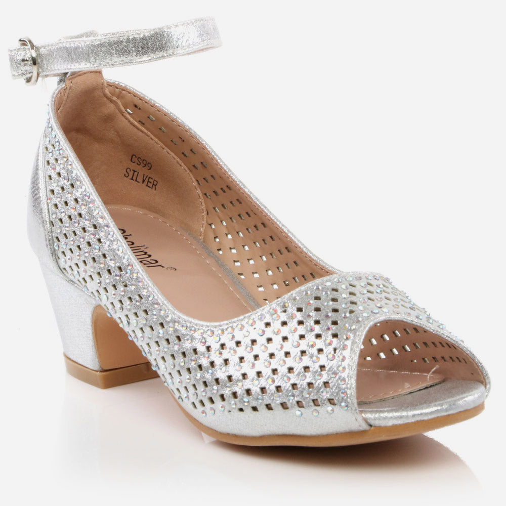 Girls Kids Crystals Detailing Peep Toe Evening Mid Heel Wedding Party Princess Birthday Crystal Sandal Shoe All Sizes Available