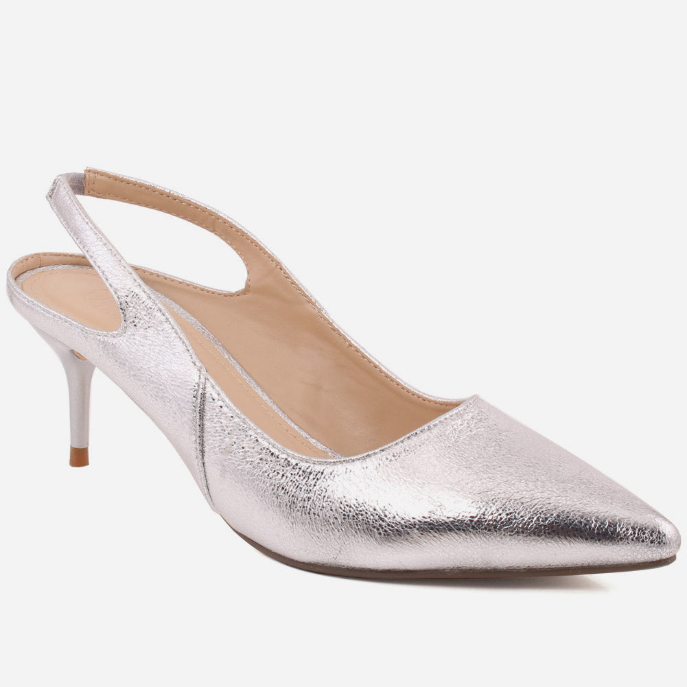 Women “MABELLE” Shimmery Pointy Toe Sling Back Kitten Heel Slip On Courts