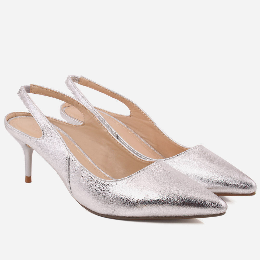 Women “MABELLE” Shimmery Pointy Toe Sling Back Kitten Heel Slip On Courts