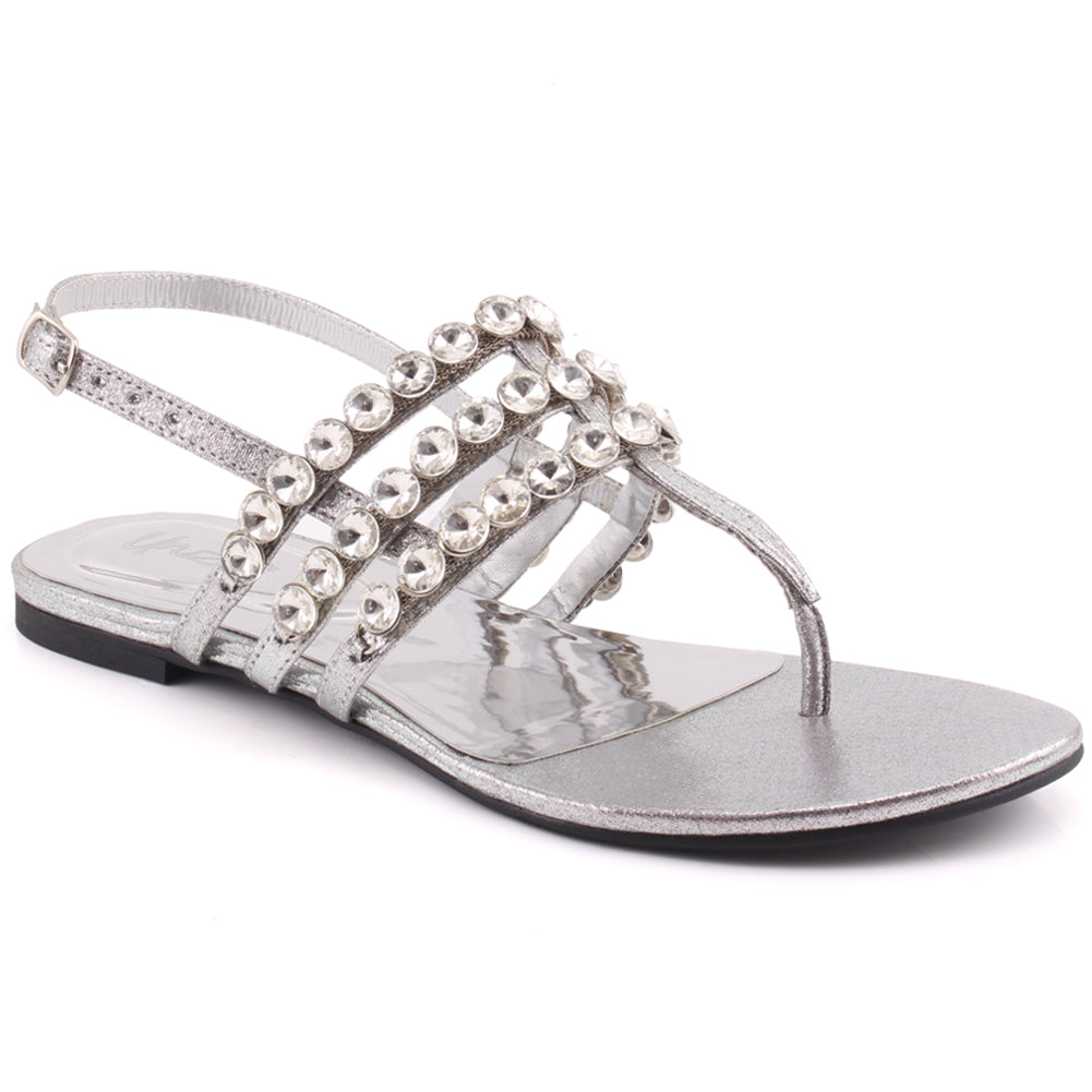 Women “JESSI” Decorated Stone Tri-Strap Buckle Closure Flat Thong Sandals