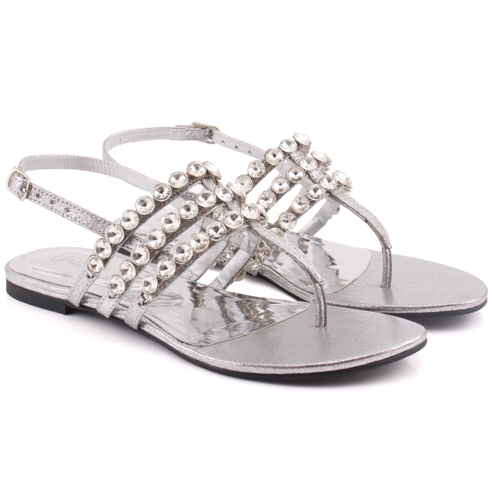 Women “JESSI” Decorated Stone Tri-Strap Buckle Closure Flat Thong Sandals